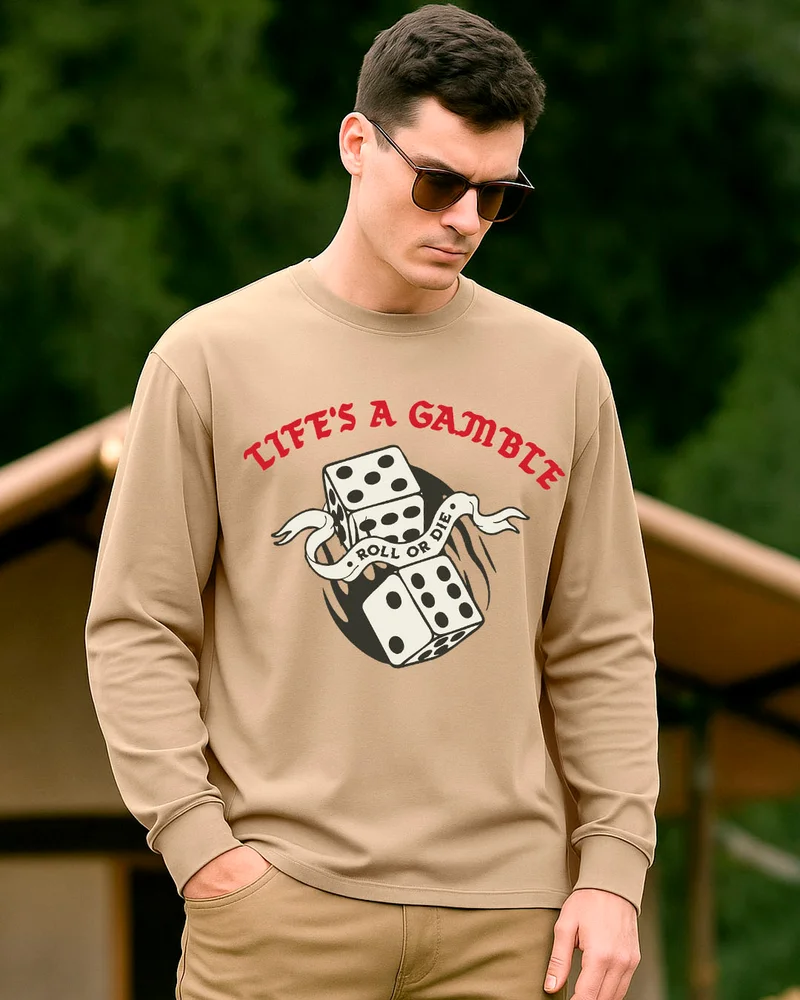 bewakoof Men's Ginger Root Brown Gamble Graphic Printed Oversized T-shirt